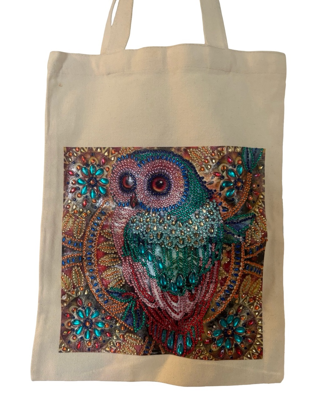 Beaded Owl Tote Bag in Cream with Multicolor Owl Accent